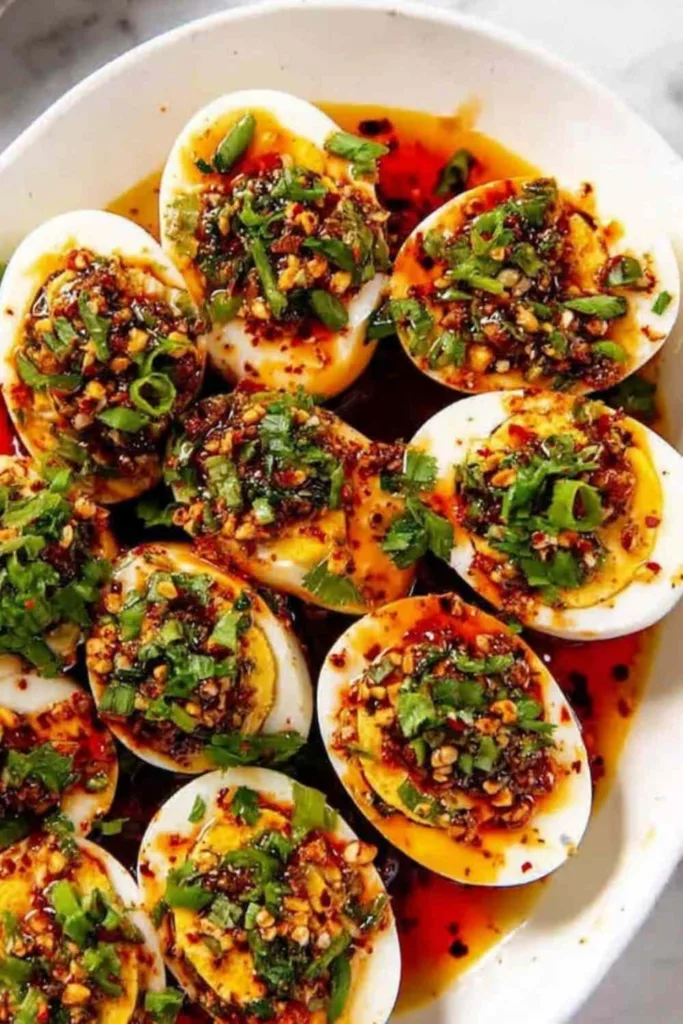 Spicy Chili Garlic Deviled Eggs