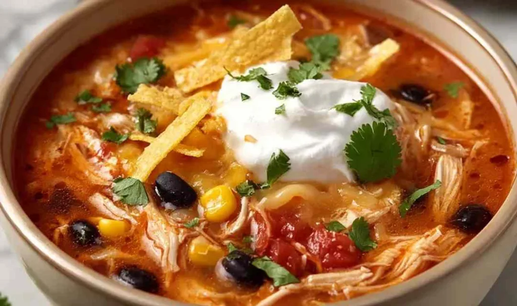 chicken enchilada soup in a rustic bowl topped with shredded cheese and tortilla chips