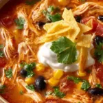 chicken enchilada soup in a rustic bowl topped with shredded cheese and tortilla chips