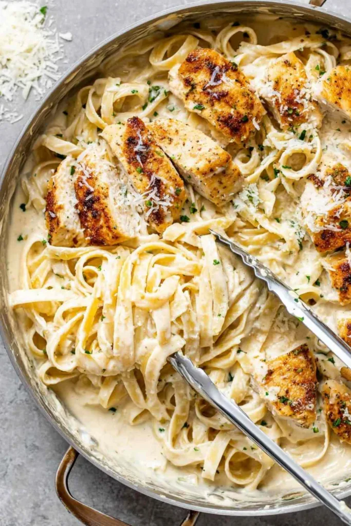 Chicken fettuccine Alfredo with creamy parmesan sauce and golden sliced chicken in a skillet
