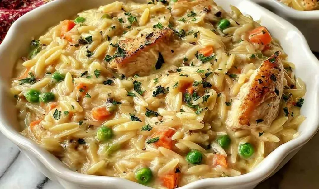 Creamy chicken pot pie orzo in a large skillet garnished with fresh parsley