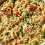Creamy chicken pot pie orzo in a large skillet garnished with fresh parsley