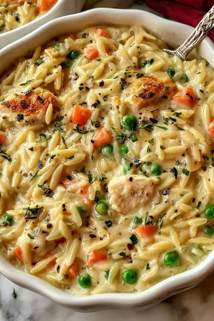 Creamy chicken pot pie orzo in a large skillet garnished with fresh parsley