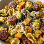creamy autumn sausage squash pasta in a white bowl garnished with fresh parsley
