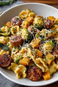 creamy autumn sausage squash pasta in a white bowl garnished with fresh parsley