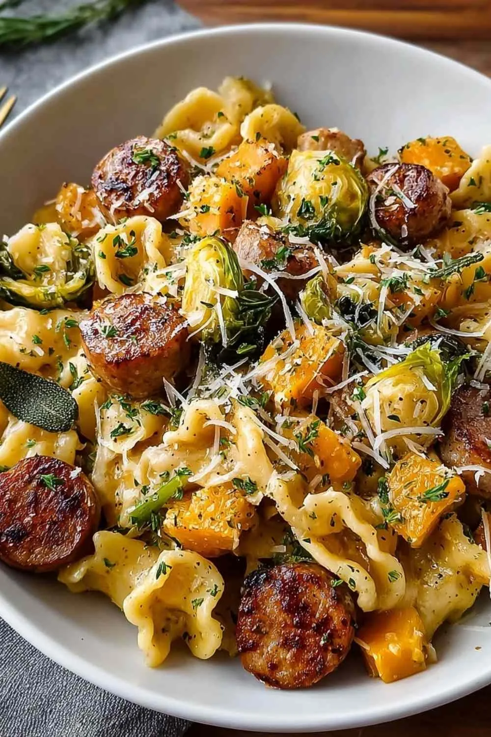 creamy autumn sausage squash pasta in a white bowl garnished with fresh parsley