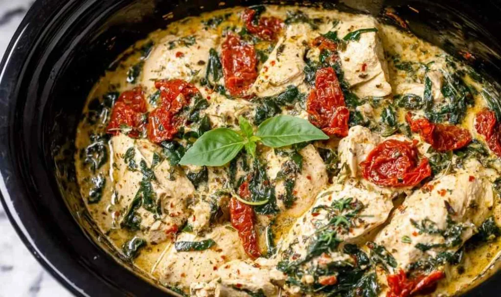 Crockpot Tuscan chicken in slow cooker with creamy parmesan sauce and baby spinach