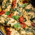 Crockpot Tuscan chicken in slow cooker with creamy parmesan sauce and baby spinach
