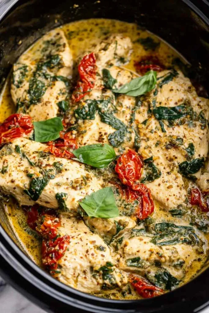 Crockpot Tuscan chicken in slow cooker with creamy parmesan sauce and baby spinach