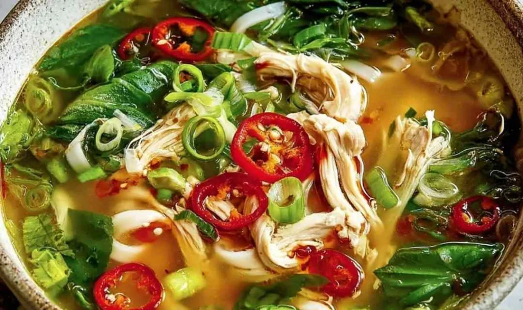 ginger garlic chicken noodle soup in a white bowl with green onions and cilantro Filename: ginger-garlic-chicken-noodle-soup.jpg Caption: Ginger Garlic Chicken Noodle Soup, a fragrant comforting bowl the whole family will love.