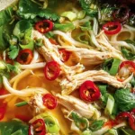 ginger garlic chicken noodle soup in a white bowl with green onions and cilantro Filename: ginger-garlic-chicken-noodle-soup.jpg Caption: Ginger Garlic Chicken Noodle Soup, a fragrant comforting bowl the whole family will love.