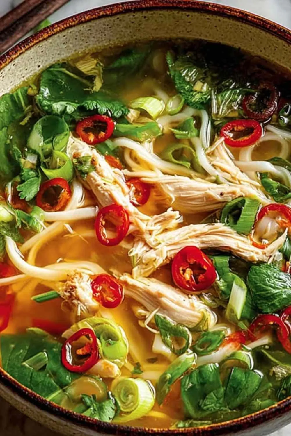 ginger garlic chicken noodle soup in a white bowl with green onions and cilantro Filename: ginger-garlic-chicken-noodle-soup.jpg Caption: Ginger Garlic Chicken Noodle Soup, a fragrant comforting bowl the whole family will love.