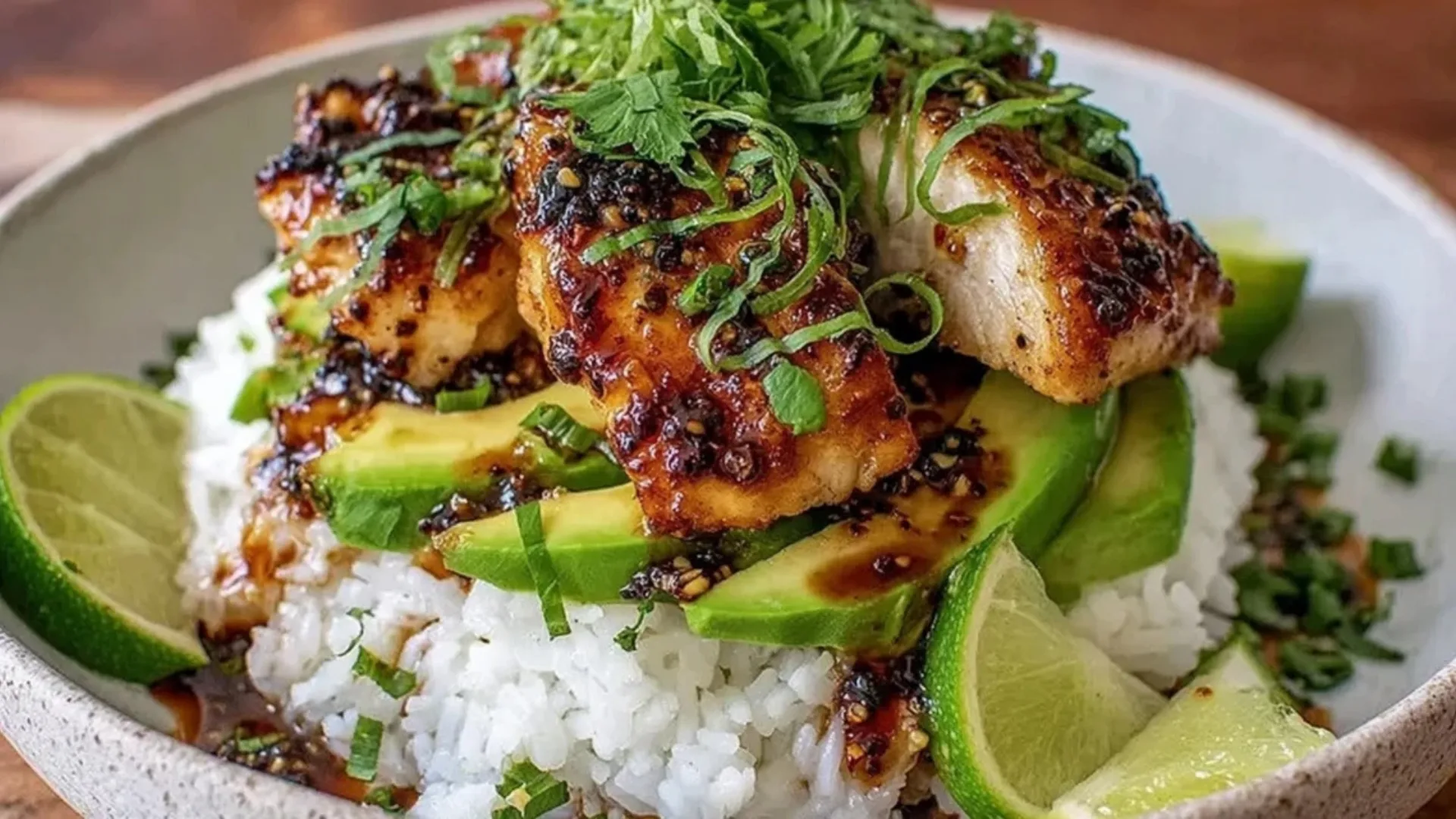 Honey Lime Chicken Avocado Rice Stack