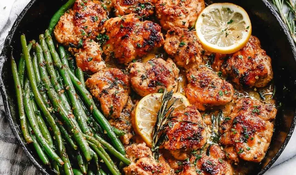 Lemon garlic butter chicken and green beans in a cast iron skillet with parsley and lemon garnish