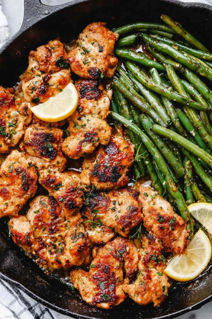 Lemon garlic butter chicken and green beans in a cast iron skillet with parsley and lemon garnish