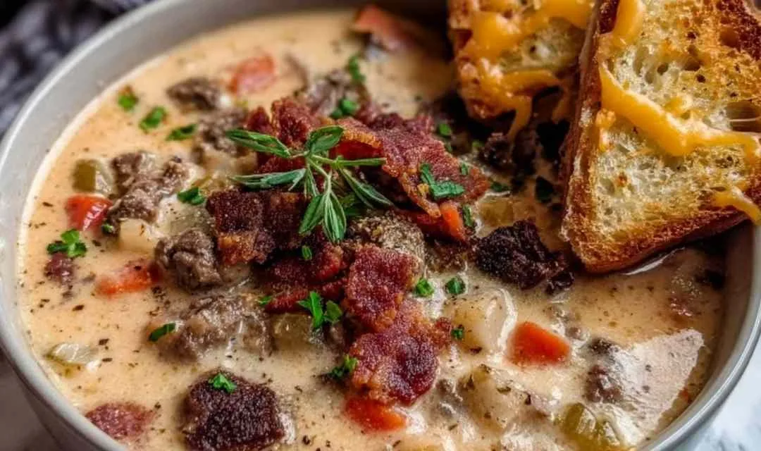 One-Pot Philly Cheesesteak Soup with Bacon and Cheesy Toast