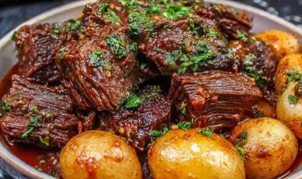 Slow cooker garlic butter beef with potatoes garnished with fresh parsley Filename: slow-cooker-garlic-butter-beef-with-potatoes.jpg