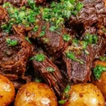 Slow cooker garlic butter beef with potatoes garnished with fresh parsley Filename: slow-cooker-garlic-butter-beef-with-potatoes.jpg