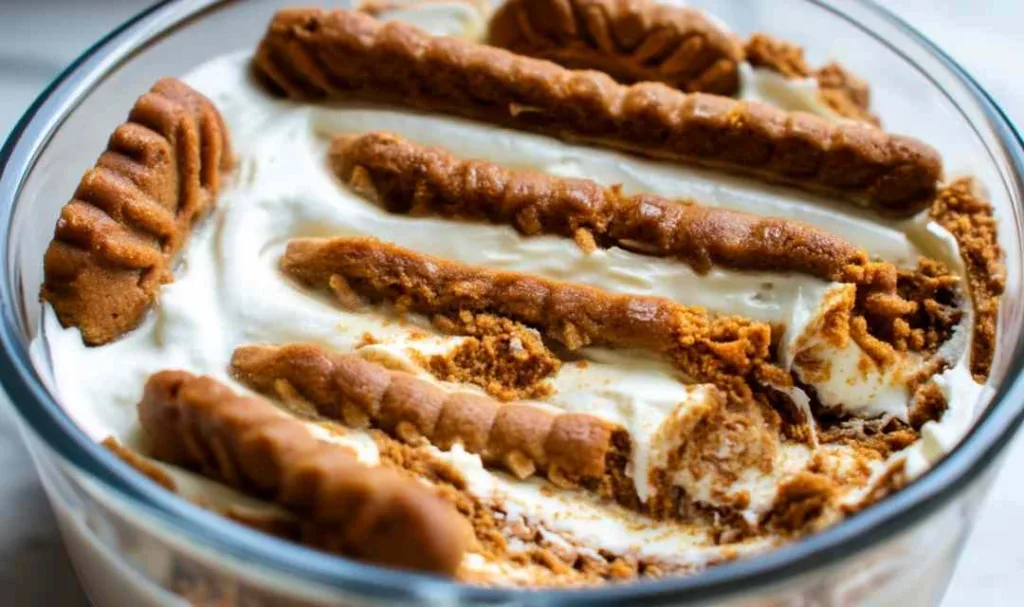 2-ingredient yogurt cheesecake with Biscoff cookies in a glass bowl drizzled with honey