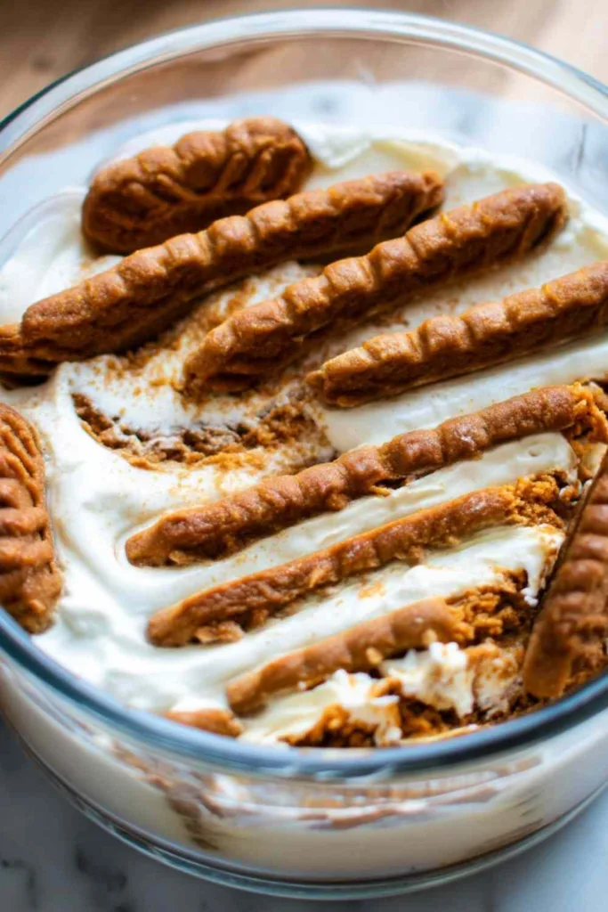 2-ingredient yogurt cheesecake with Biscoff cookies in a glass bowl drizzled with honey