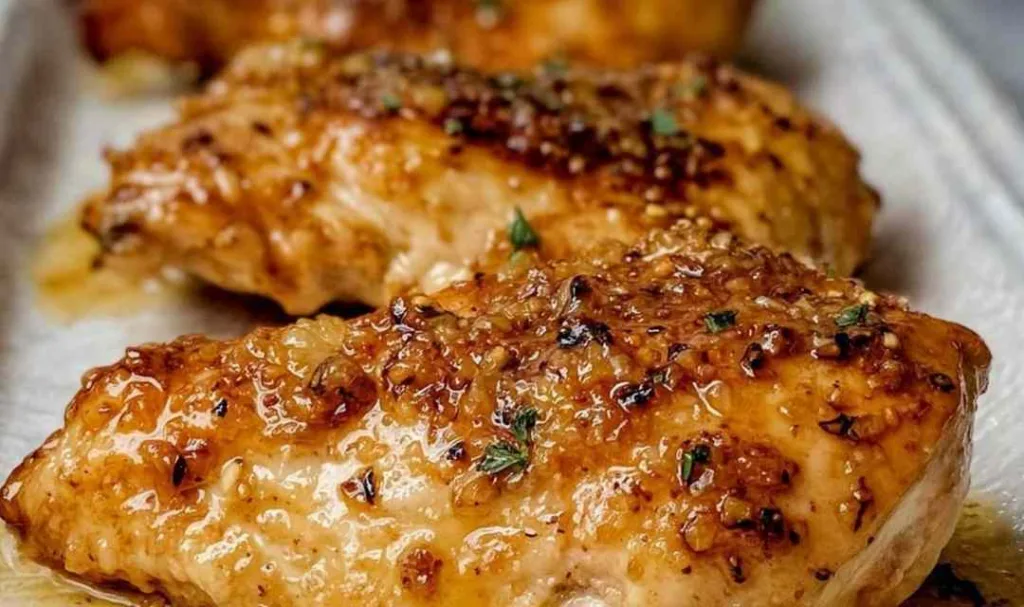 Brown sugar garlic chicken baked in a casserole dish with caramelized glaze