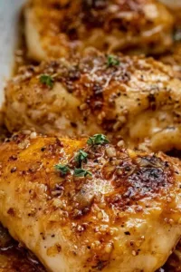 Brown sugar garlic chicken baked in a casserole dish with caramelized glaze