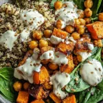 Ingredients for Anti-Inflammatory Glow Bowl laid out on a wooden counter including quinoa and sweet potatoes