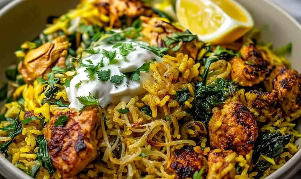 anti inflammatory turmeric chicken and rice in a bowl with fresh spinach and lemon