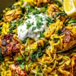 anti inflammatory turmeric chicken and rice in a bowl with fresh spinach and lemon