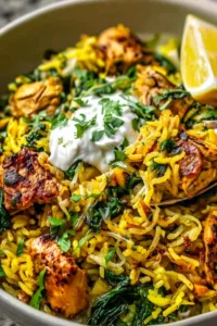 anti inflammatory turmeric chicken and rice in a bowl with fresh spinach and lemon