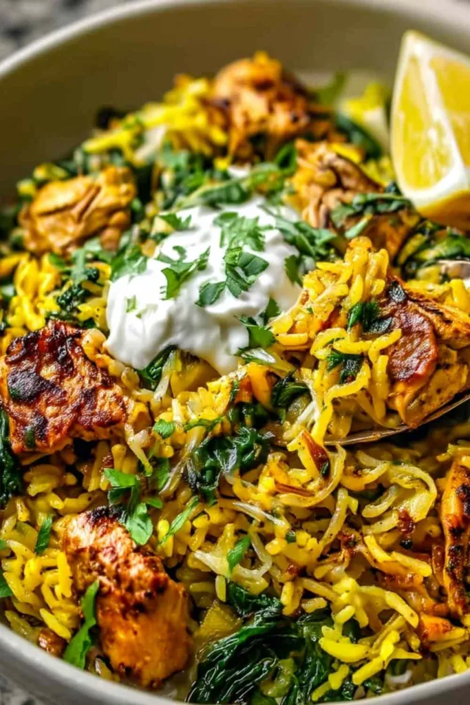 anti inflammatory turmeric chicken and rice in a bowl with fresh spinach and lemon