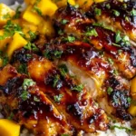 Asian mango glazed chicken over jasmine rice garnished with sesame seeds and green onions