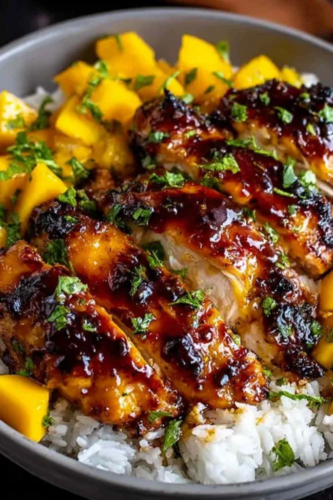 Asian mango glazed chicken over jasmine rice garnished with sesame seeds and green onions