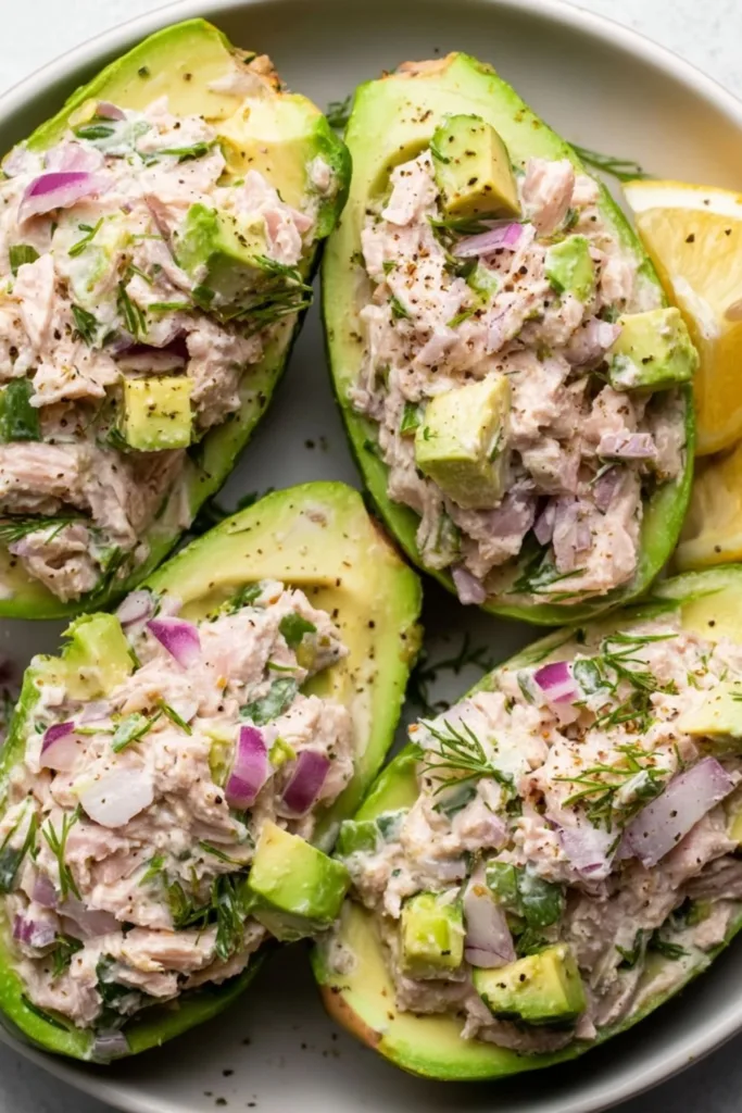 Avocado Tuna Salad Boats served on a white plate for a healthy lunch.