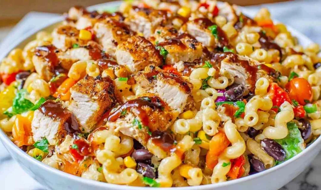 A colorful bowl of BBQ Chicken Pasta Salad with juicy chicken, black beans, and bell peppers.