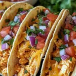 Baked Chicken Tacos with melted cheese and cilantro on a white platter.