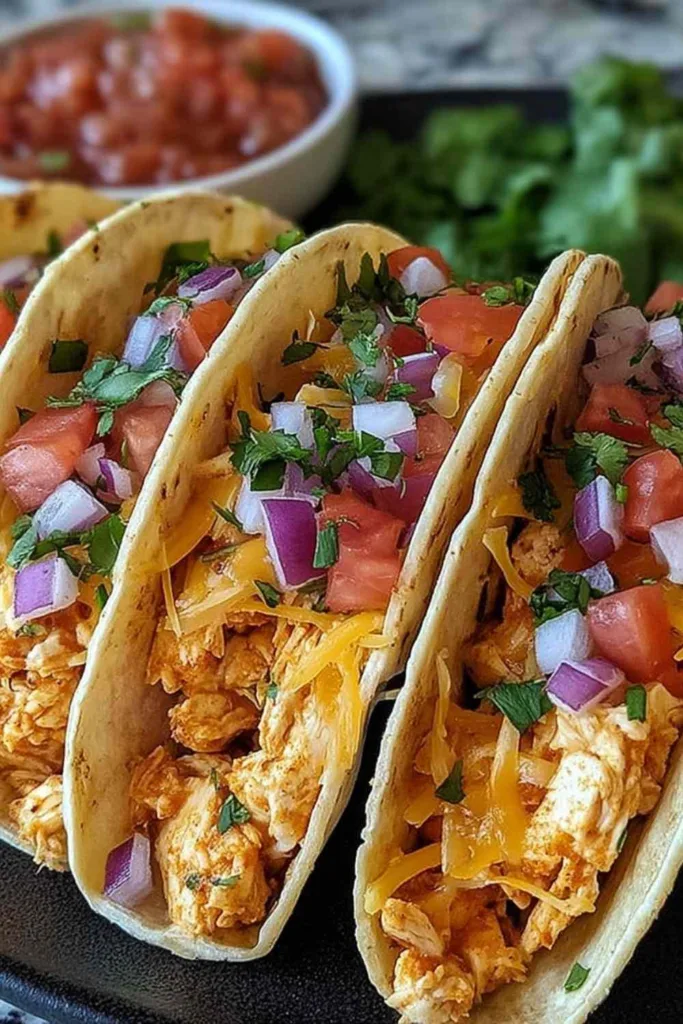 Baked Chicken Tacos with melted cheese and cilantro on a white platter.