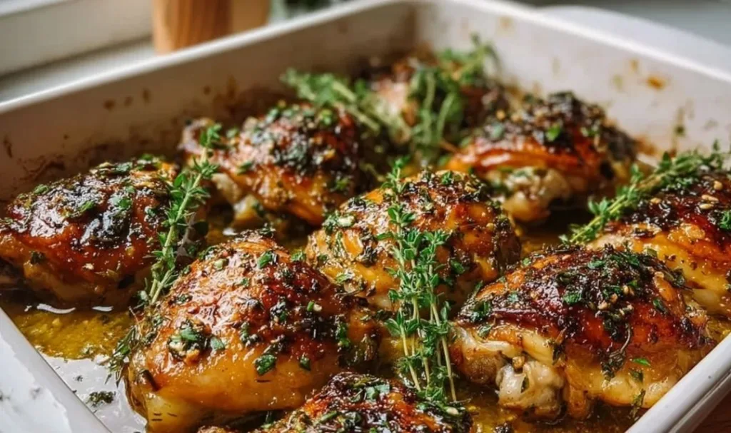 Baked Chicken Thighs with golden crispy skin in a baking dish