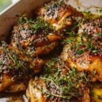 Baked Chicken Thighs with golden crispy skin in a baking dish