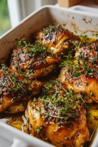 Baked Chicken Thighs with golden crispy skin in a baking dish