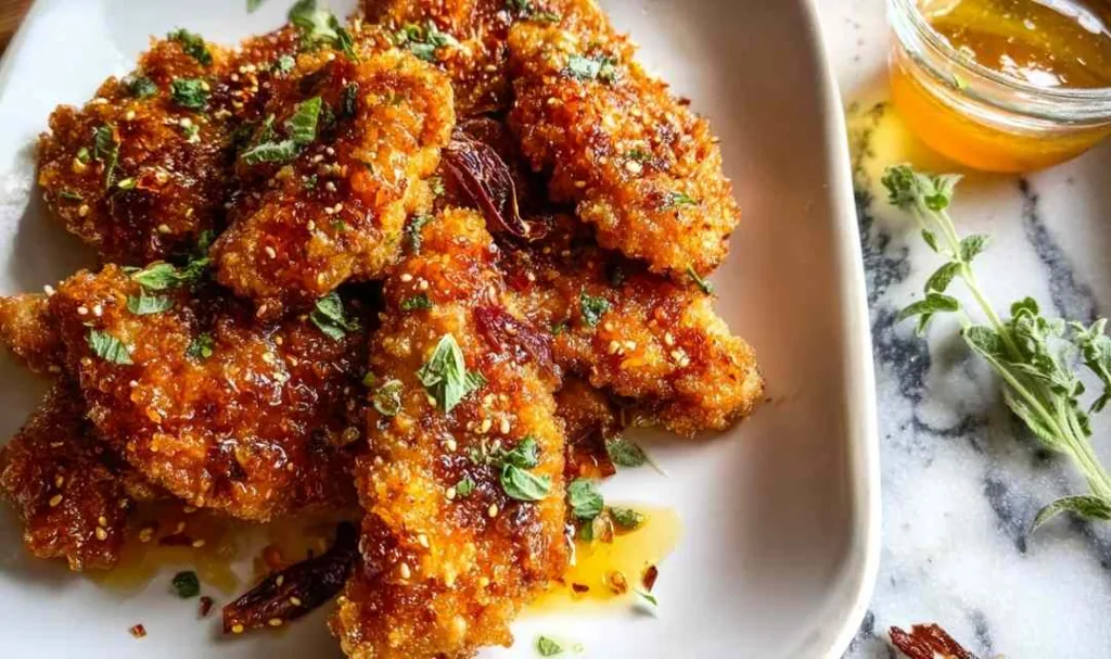 Baked crunchy hot honey chicken on a sheet pan with golden cornflake crust and hot honey drizzle