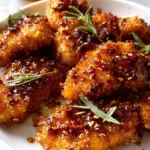 Baked crunchy hot honey chicken on a sheet pan with golden cornflake crust and hot honey drizzle
