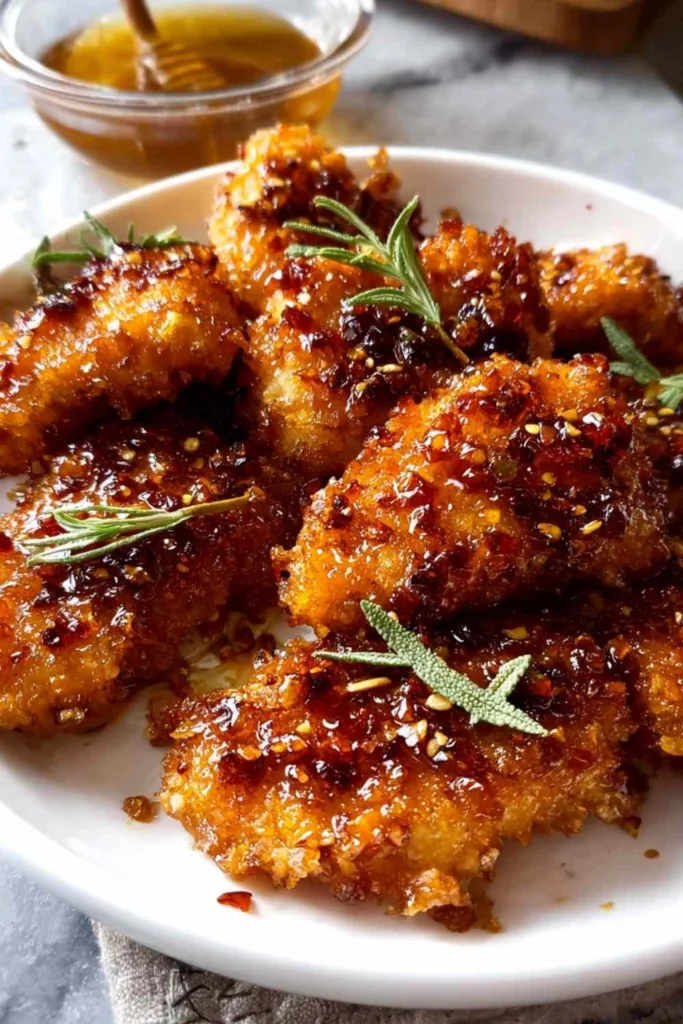 Baked crunchy hot honey chicken on a sheet pan with golden cornflake crust and hot honey drizzle