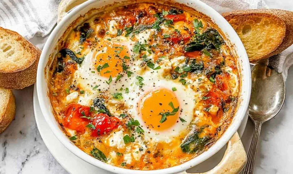 Baked Feta Eggs with tomatoes in individual ramekins.