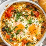 Baked Feta Eggs with tomatoes in individual ramekins.