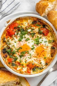 Baked Feta Eggs with tomatoes in individual ramekins.