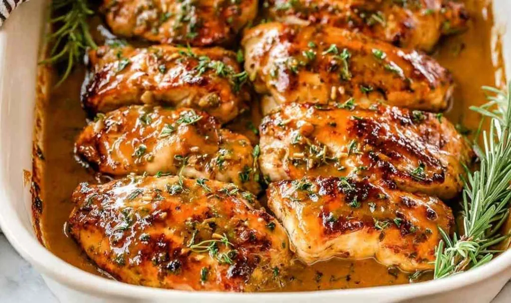 baked honey mustard chicken in a 9x13 baking dish fresh from the oven