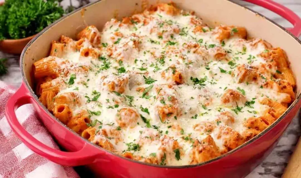 Baked chicken parmesan pasta with melted mozzarella in a white baking dish
