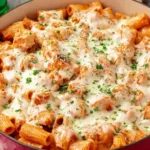 Baked chicken parmesan pasta with melted mozzarella in a white baking dish