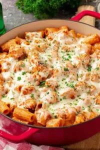 Baked chicken parmesan pasta with melted mozzarella in a white baking dish